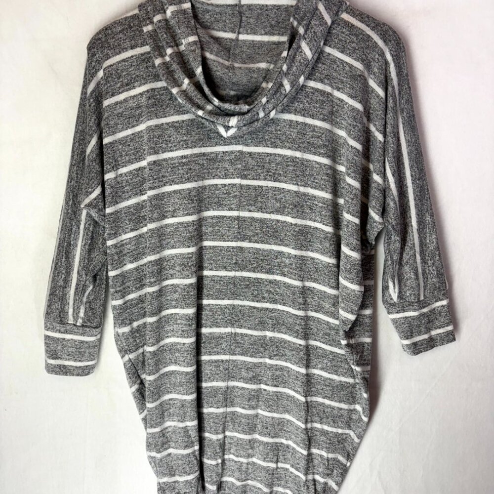 Market & Spruce Gray Striped Hooded Pullover Tunic Length - Picture 2 of 4